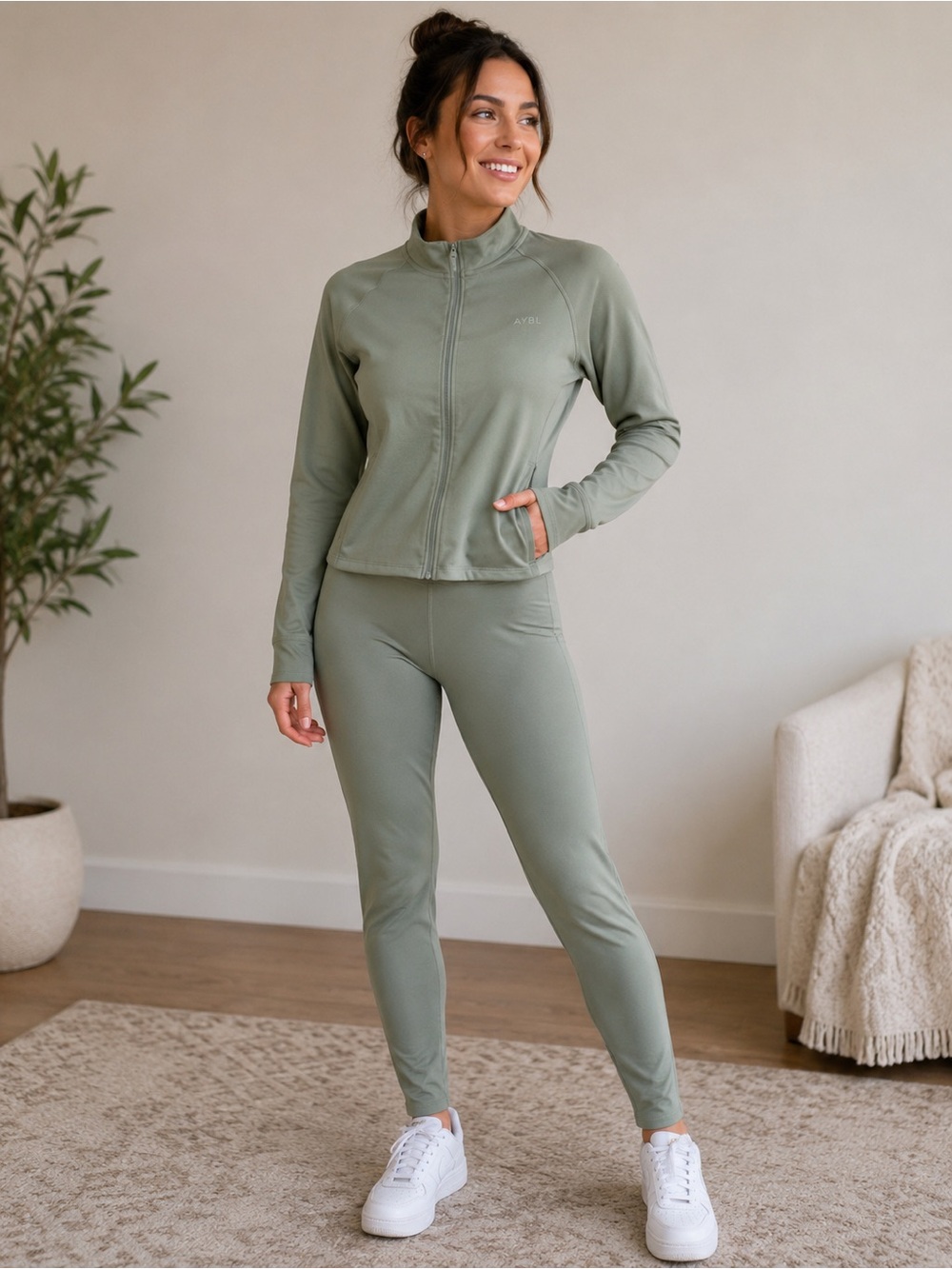 AYBL Yoga Sage Green High-Rise Legging & Zip Jacket Set NWT A312